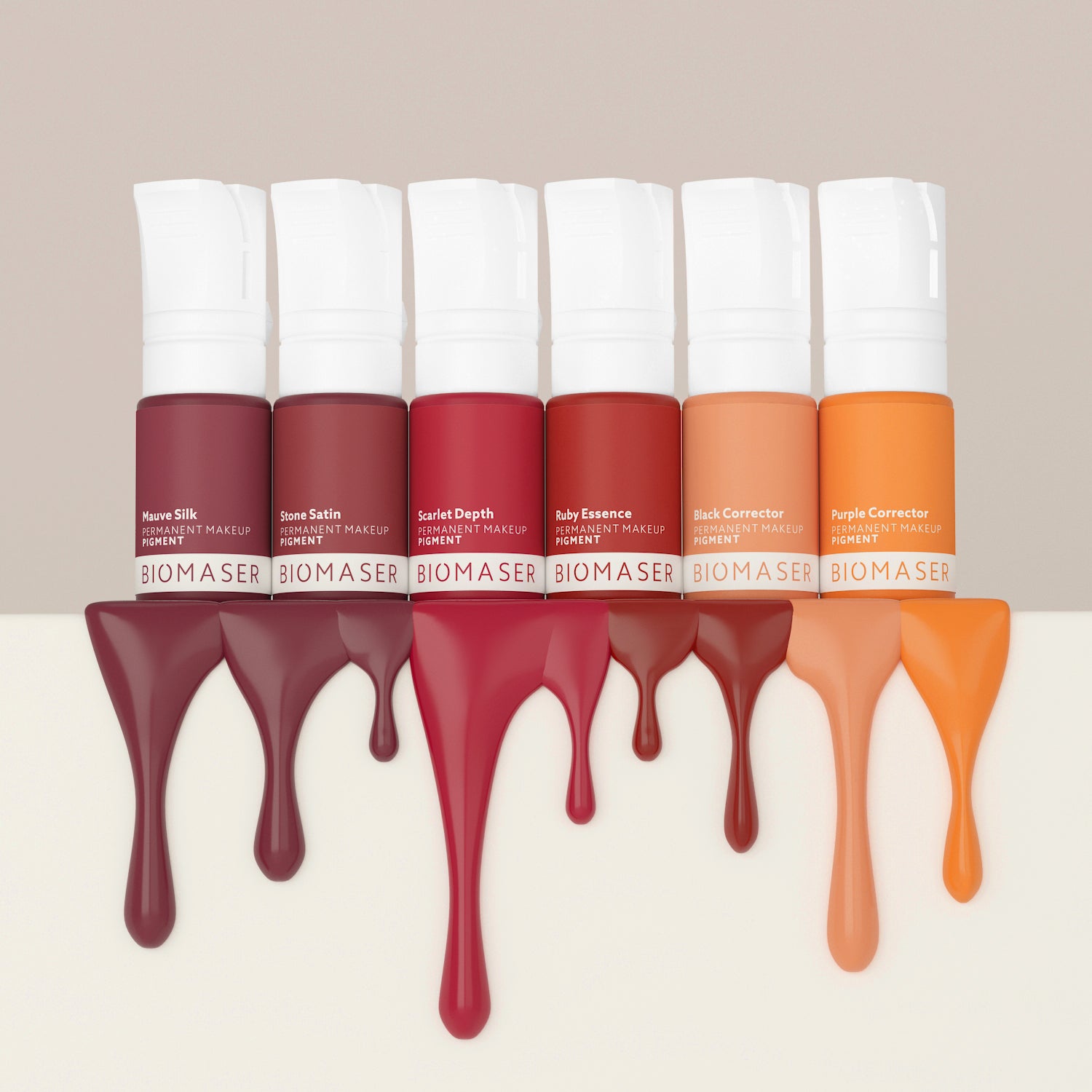 Biomaser PMU pigment ink for lips: Mauve Silk, Stone Satin, Scarlet Depth, Ruby Essence, Black Corrector, Purple Corrector