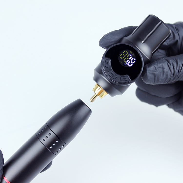 Biomaser DC001 Wireless Tattoo Power Supply connecting to tattoo machine, digital display, tattoo equipment