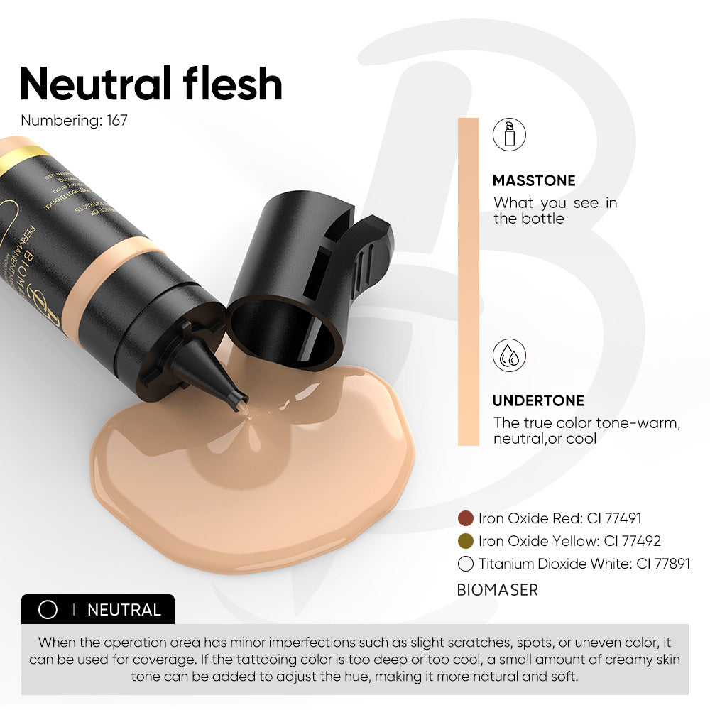 Biomaser Neutral Flesh eyebrow pigment ink for permanent makeup, neutral tone, coverage, color adjustment, 12ml