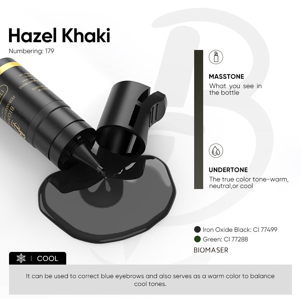 Biomaser Hazel Khaki eyebrow pigment ink 179 for microblading, used to correct blue eyebrows, permanent makeup ink.