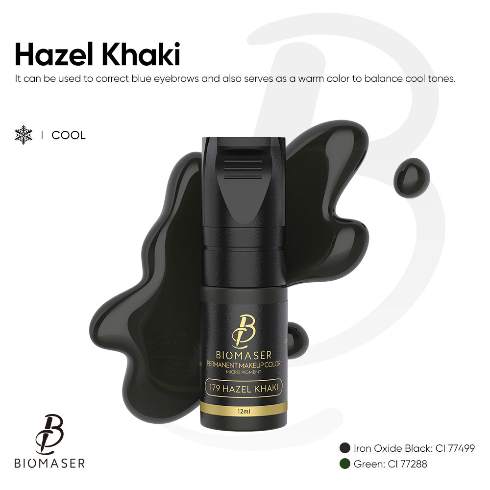 Biomaser Hazel Khaki eyebrow pigment ink for microblading, 12ml bottle, permanent makeup ink for blue eyebrow correction