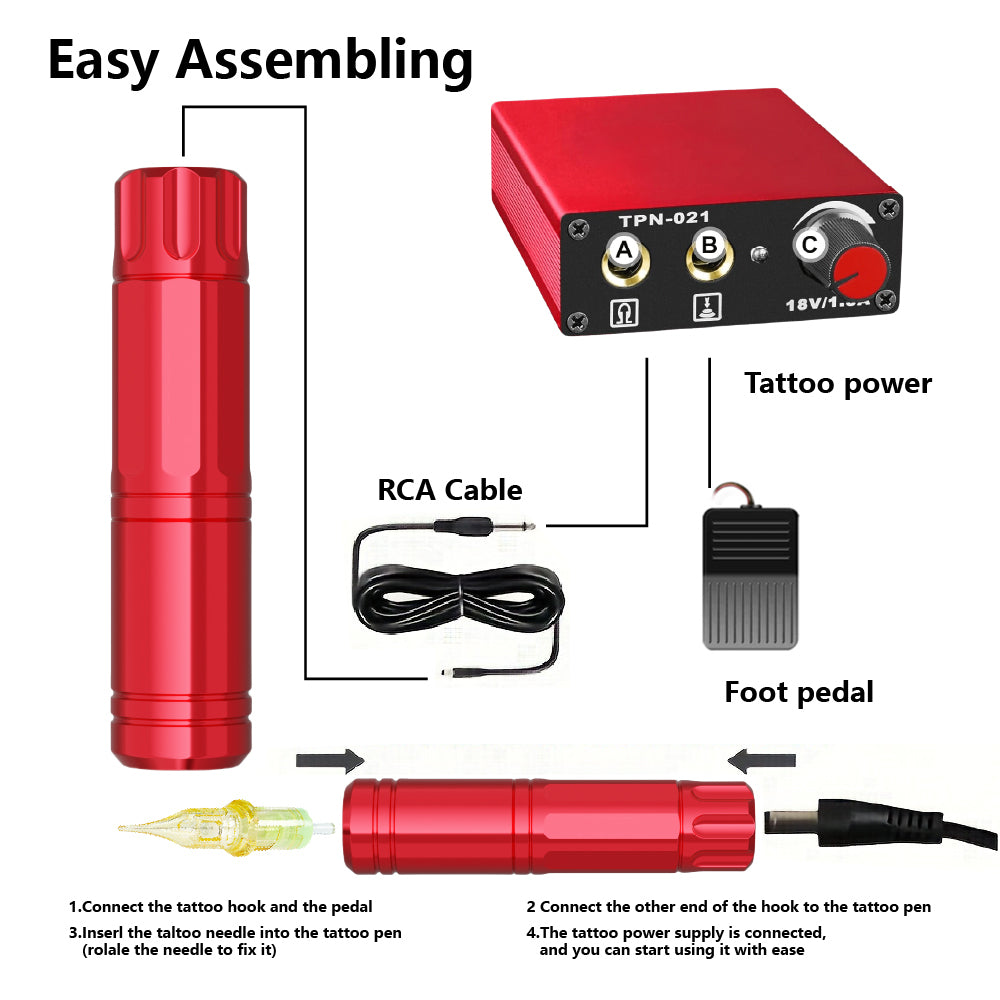 CTG002 Tattoo Kit Assembly: Red tattoo pen, power supply, and foot pedal for professional tattoo equipment.