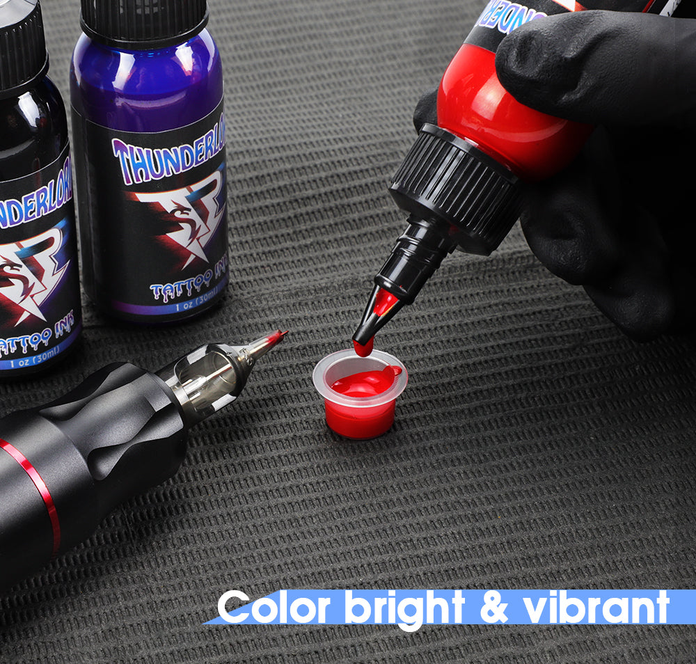 Thunderlordpower Tattoo Ink in red, demonstrating color vibrancy, perfect for professional tattoo artists. Tattoo supplies.