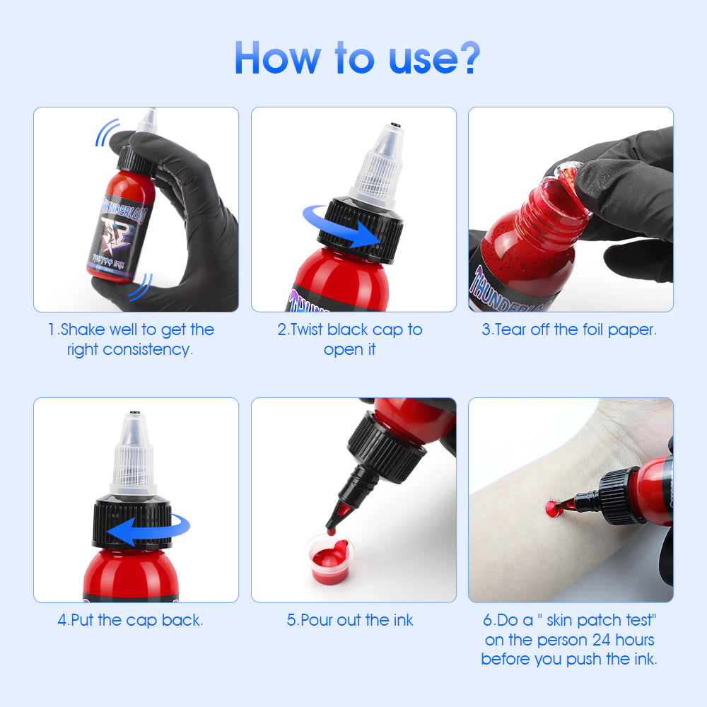 Thunderlordpower red tattoo ink application guide: shake, twist, tear, cap, pour, and skin test. Tattoo supplies.