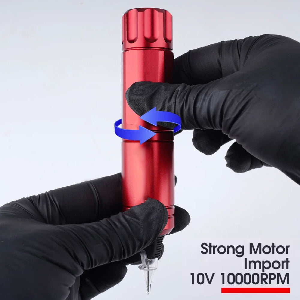 Red CTG002 tattoo pen showing rotation, strong motor, and high RPM for professional tattoo equipment.