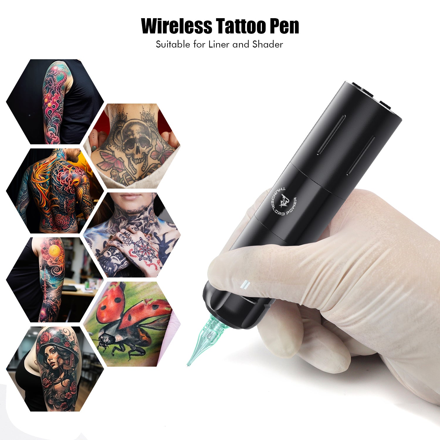 Thunderlord Power CTG5006 Wireless Tattoo Pen black for tattoo art, suitable for liner and shader with examples of tattoos