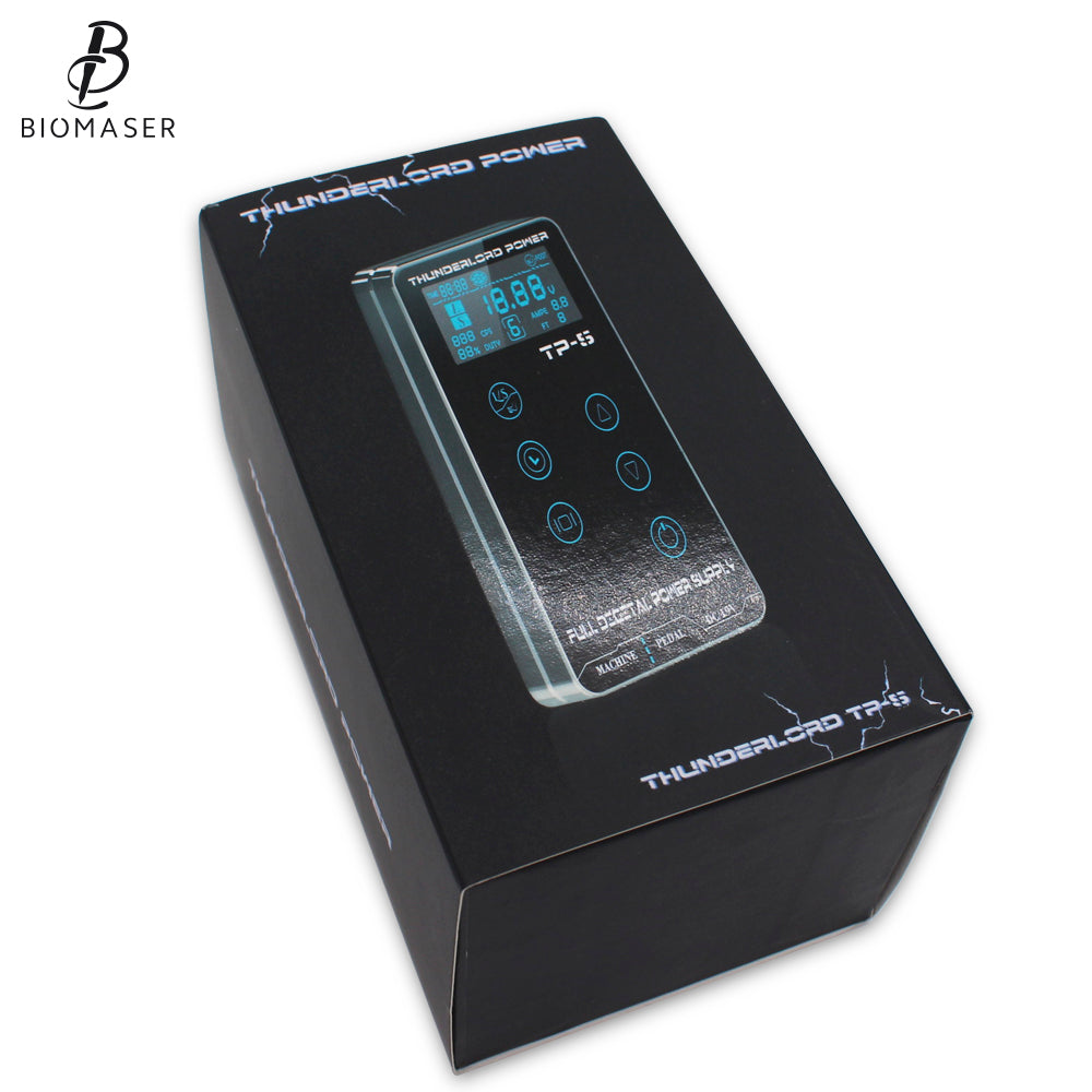 Biomaser TP-5 digital tattoo power supply, black box packaging, featuring digital display, essential tattoo equipment