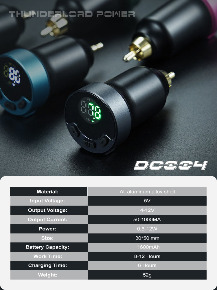 DC004 Wireless Tattoo Power Supply with LED Display, black, Biomaser tattoo equipment, 1600mAh, professional tattoo tool.