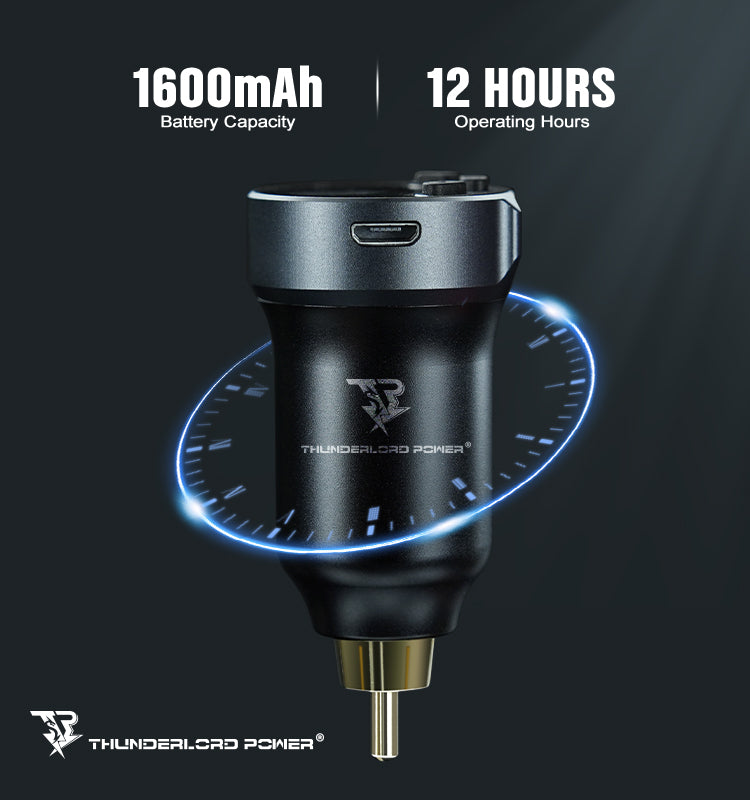 Black wireless tattoo power supply with 1600mAh capacity and 12-hour operating time, professional tattoo equipment