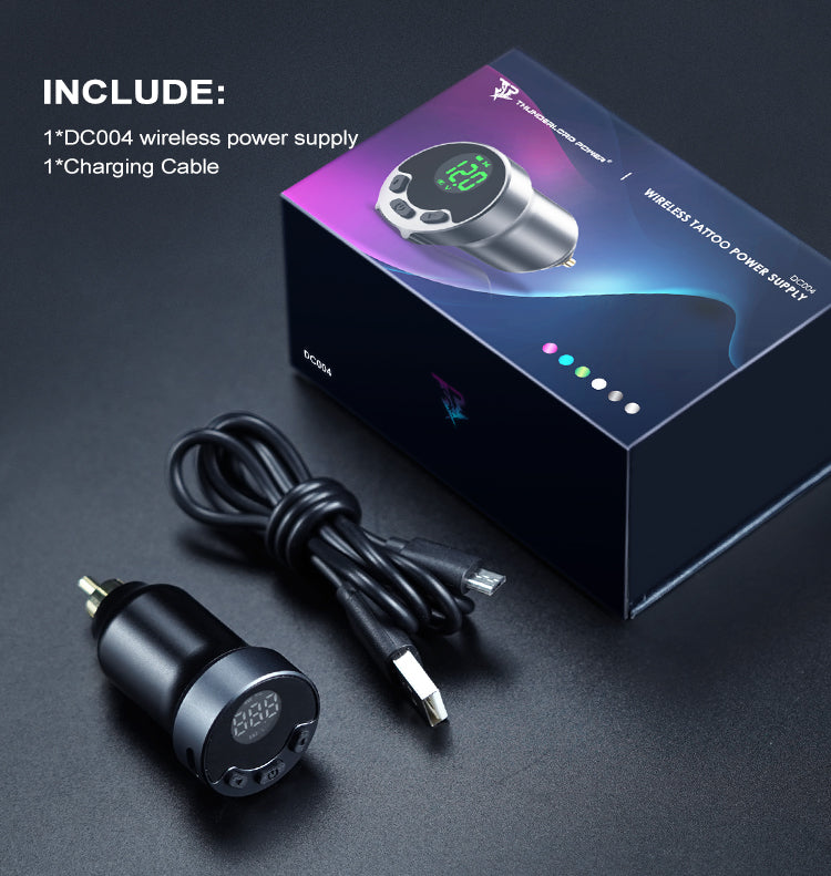 DC004 Wireless Tattoo Power Supply Kit, with LED display, charging cable included, professional tattoo equipment.