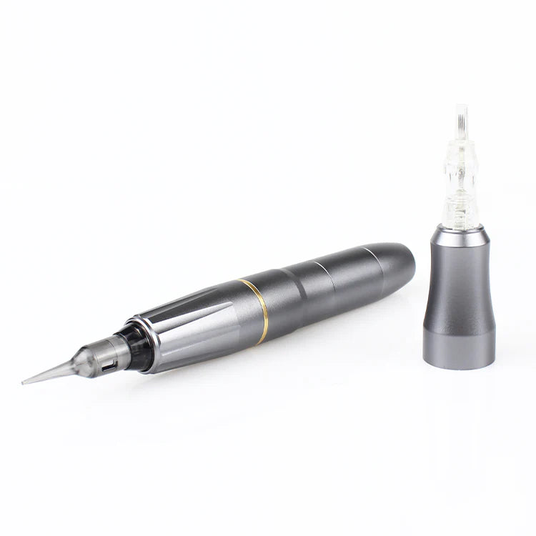 Silver Biomaser PMU pen with cartridge needle, professional tattoo equipment for precise eyebrow work, a PMU machine.