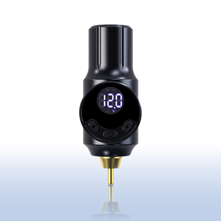 Black wireless tattoo machine power supply, digital display shows 12.0 voltage, a professional tattoo tool from Biomaser