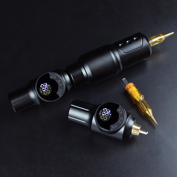 Wireless tattoo machine kit, black design with digital display. Includes tattoo pen and cartridge for professional use.