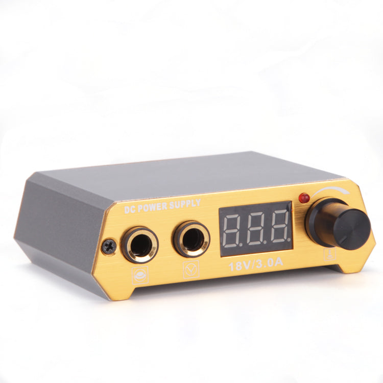 Thunderlord Power TPN027 tattoo power supply in gold and silver with digital display, 18V/3.0A output, tattoo equipment