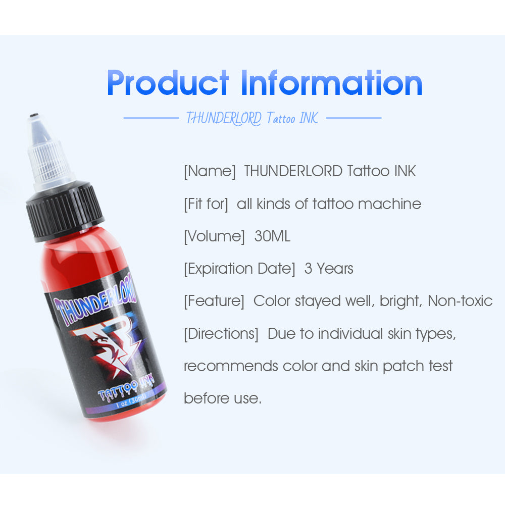 Thunderlord Tattoo Ink Red 1oz/30ml for tattoo machines, featuring vibrant, non-toxic ink for professional artists.