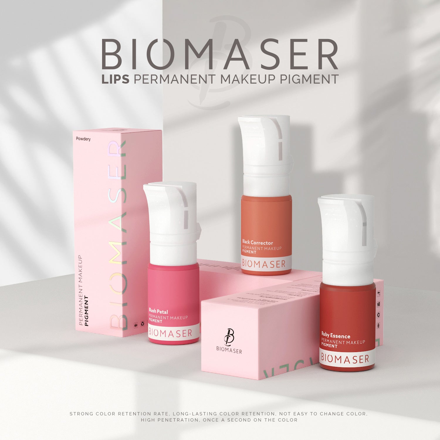 Biomaser Powder PMU Pigment Ink for Lips: Blush Petal, Black Corrector, Ruby Essence, high-quality permanent makeup pigment