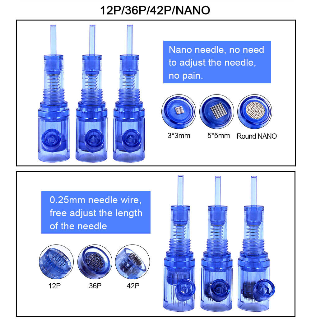 BMX screw cartridge needles for permanent makeup, featuring 12P, 36P, 42P, and Nano needles for eyebrow shading
