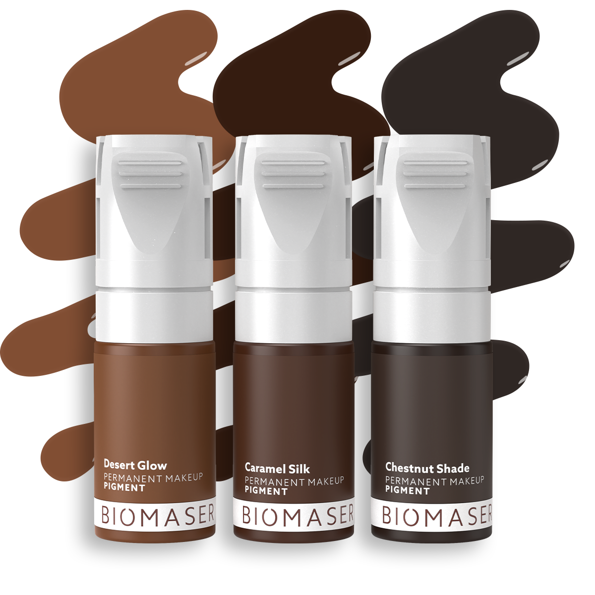 Biomaser PMU Pigment in Desert Glow, Caramel Silk, and Chestnut Shade. Organic water-based pigment for eyebrows and eyeliner.