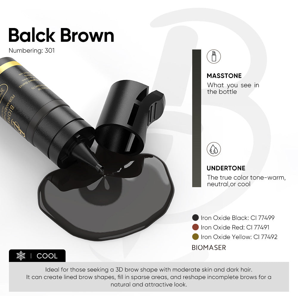 Biomaser 301 Balck Brown permanent makeup pigment. Ideal for 3D brow shapes, dark hair, and moderate skin. Cool undertone.