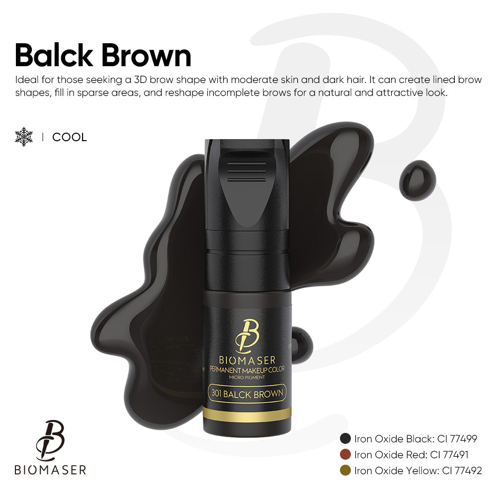 Biomaser 301 Balck Brown eyebrow pigment for microblading, 3D brow shape for dark hair and moderate skin.