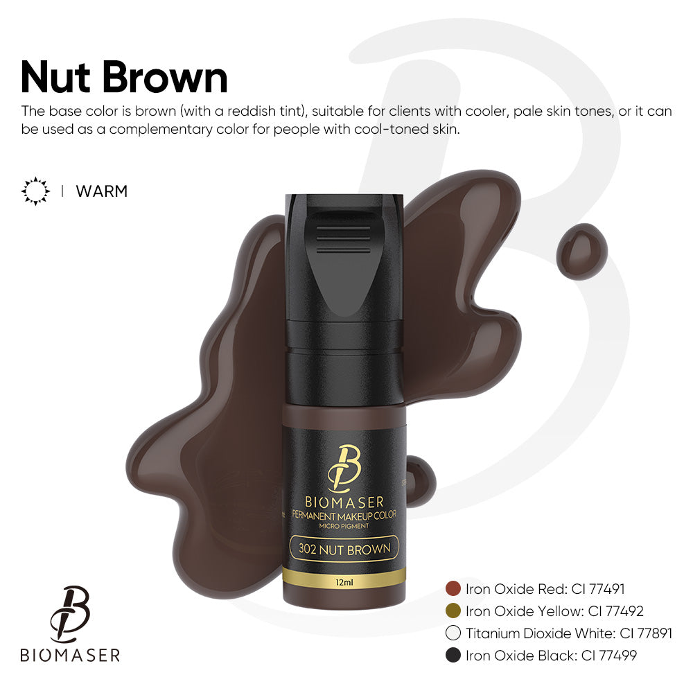 Biomaser Nut Brown 302 eyebrow pigment, warm undertone, suitable for cool skin tones, permanent makeup pigment 12ml