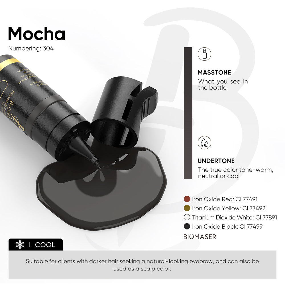 Biomaser Mocha permanent makeup pigment 304, cool undertone, suitable for darker hair, eyebrow and scalp use.