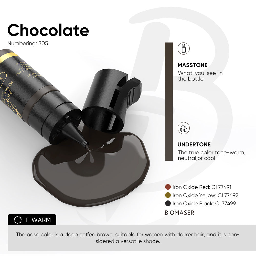 Biomaser 305 Chocolate eyebrow pigment, deep coffee brown color, warm undertone, for microblading and permanent makeup.
