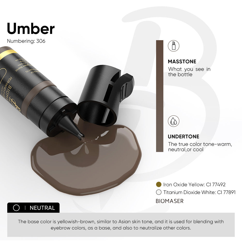 Biomaser Umber 306 eyebrow pigment, neutral tone, ideal for base colors and mixing, permanent makeup supplies