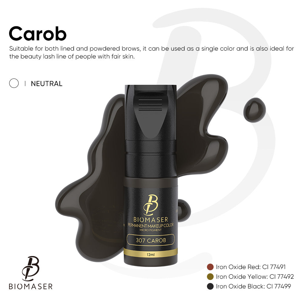 Biomaser 307 Carob permanent makeup pigment, neutral tone, for eyebrow microblading and lash lines, 12ml bottle