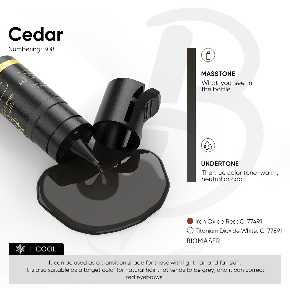 Biomaser Cedar eyebrow pigment 308, cool tone, for microblading and permanent makeup, transition shade for light hair.