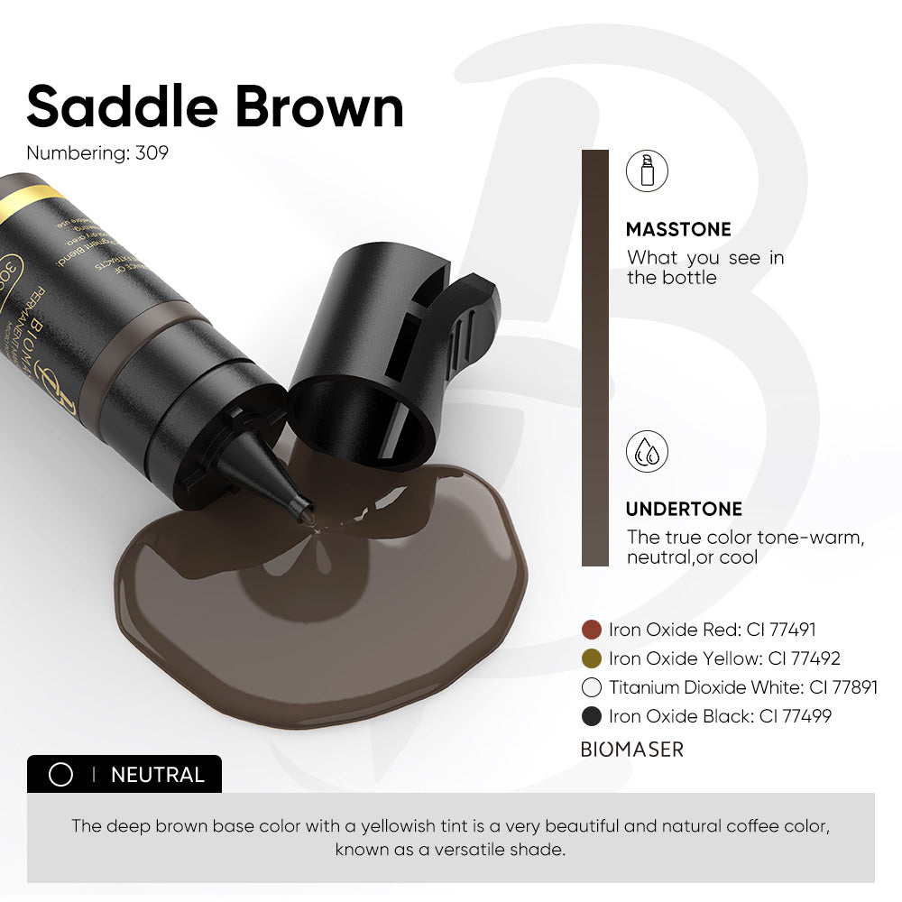 Biomaser Saddle Brown 309 permanent makeup pigment, neutral undertone, perfect for eyebrow microblading and machine use.