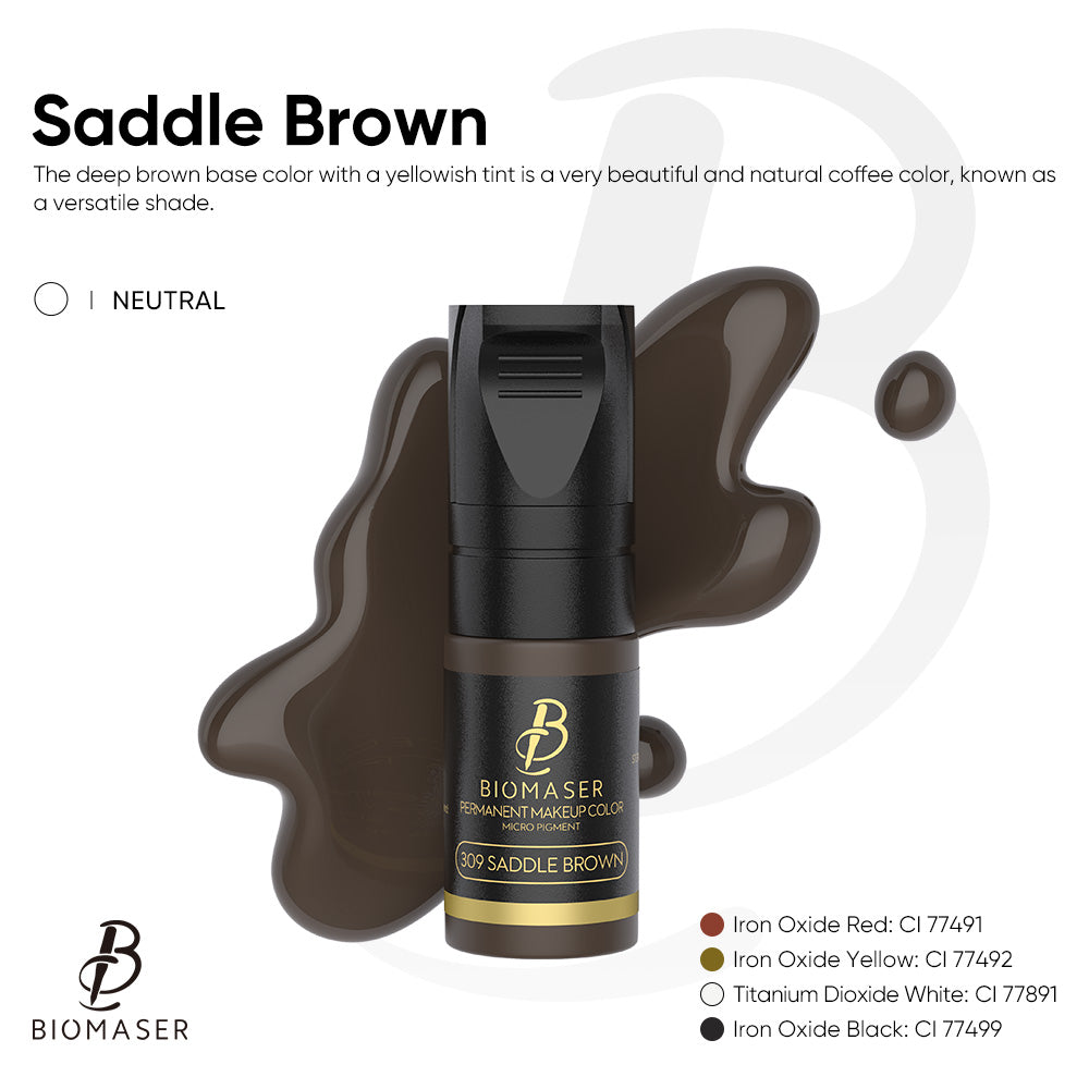 Biomaser 309 Saddle Brown permanent makeup pigment. Deep brown base color for eyebrow microblading and machine use.