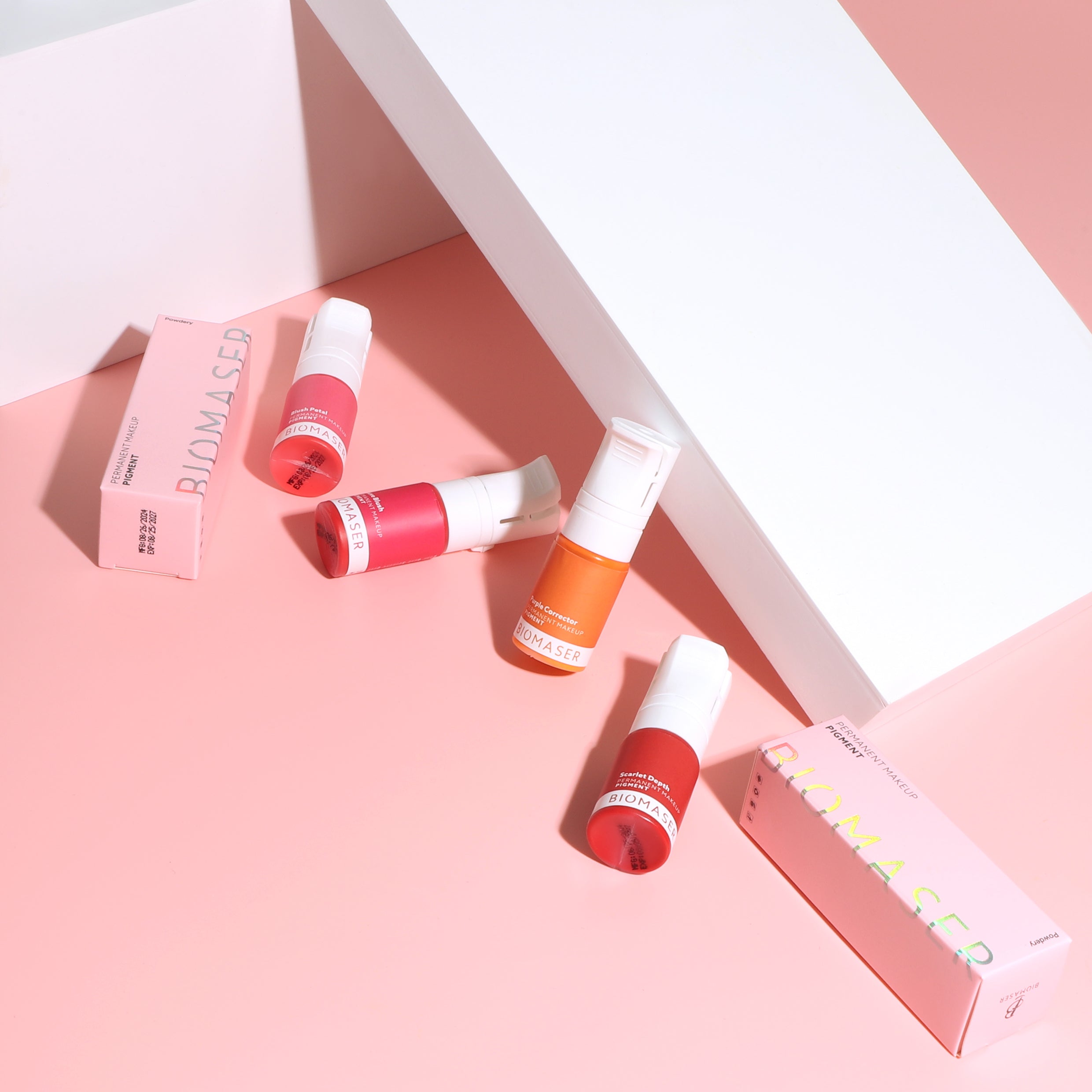 Biomaser Powder PMU pigment inks in diverse colors for permanent makeup, Blush Petal, Scarlet Depth, and Purple Corrector