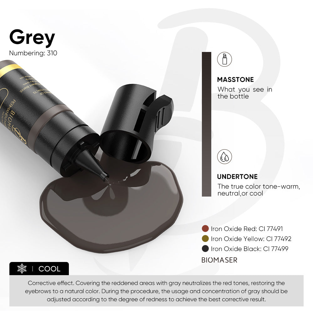 Biomaser Grey 310 pigment for eyebrow correction, cool undertone, permanent makeup supplies, machine use