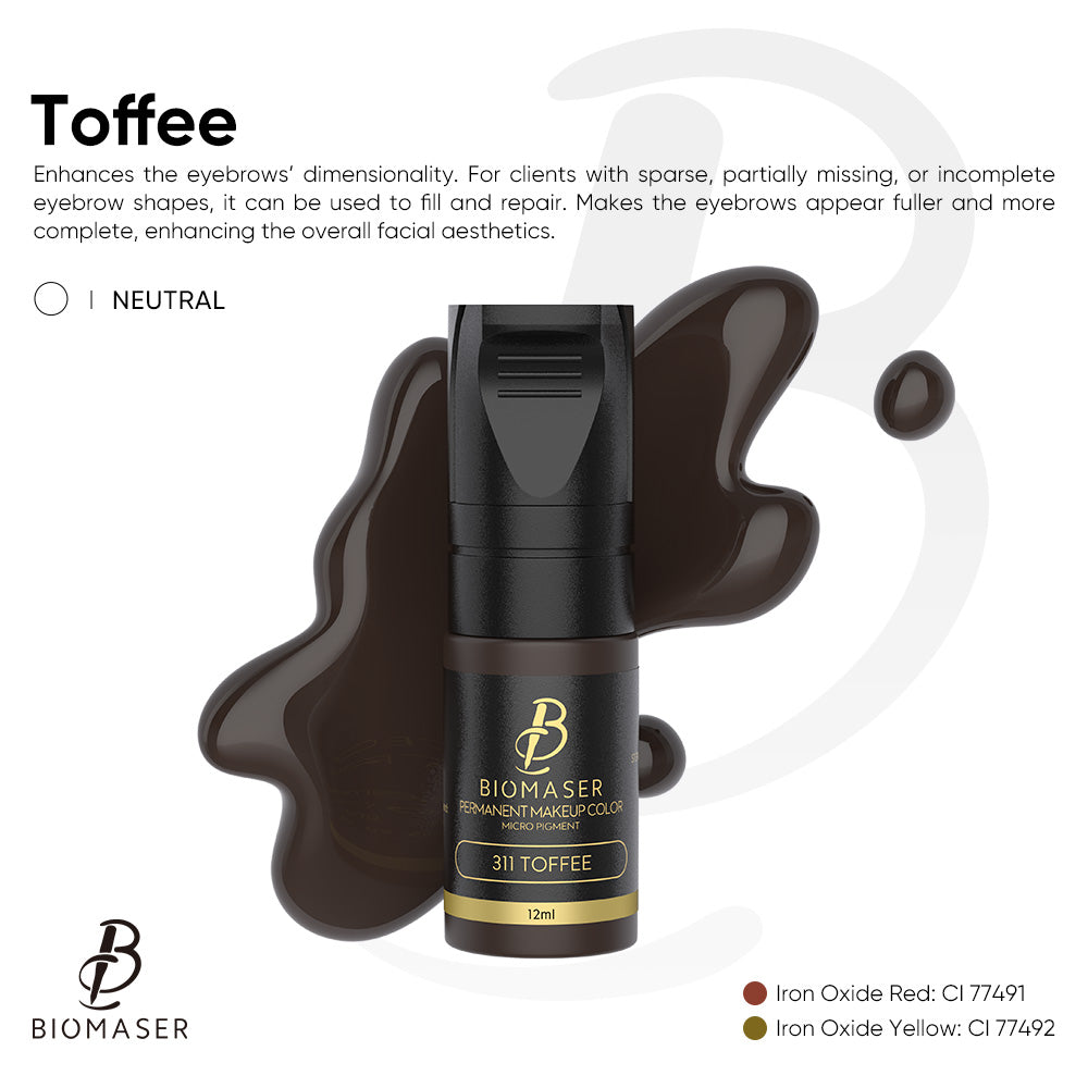 Biomaser 311 Toffee permanent makeup pigment, neutral tone, for filling and repairing eyebrow shapes, 12ml bottle