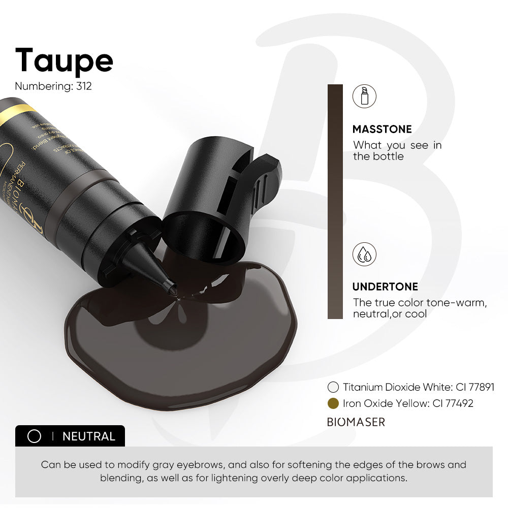Biomaser Taupe eyebrow pigment ink number 312, neutral tone for permanent makeup, used to modify gray eyebrows.