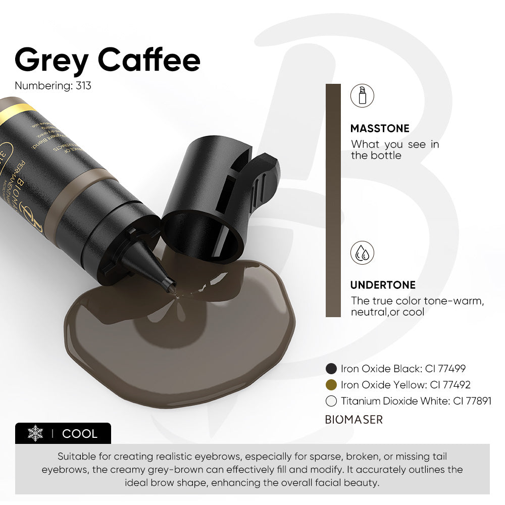 Biomaser Grey Caffee permanent makeup pigment (No. 313) for eyebrow microblading, cool undertone, ideal for sparse eyebrows.