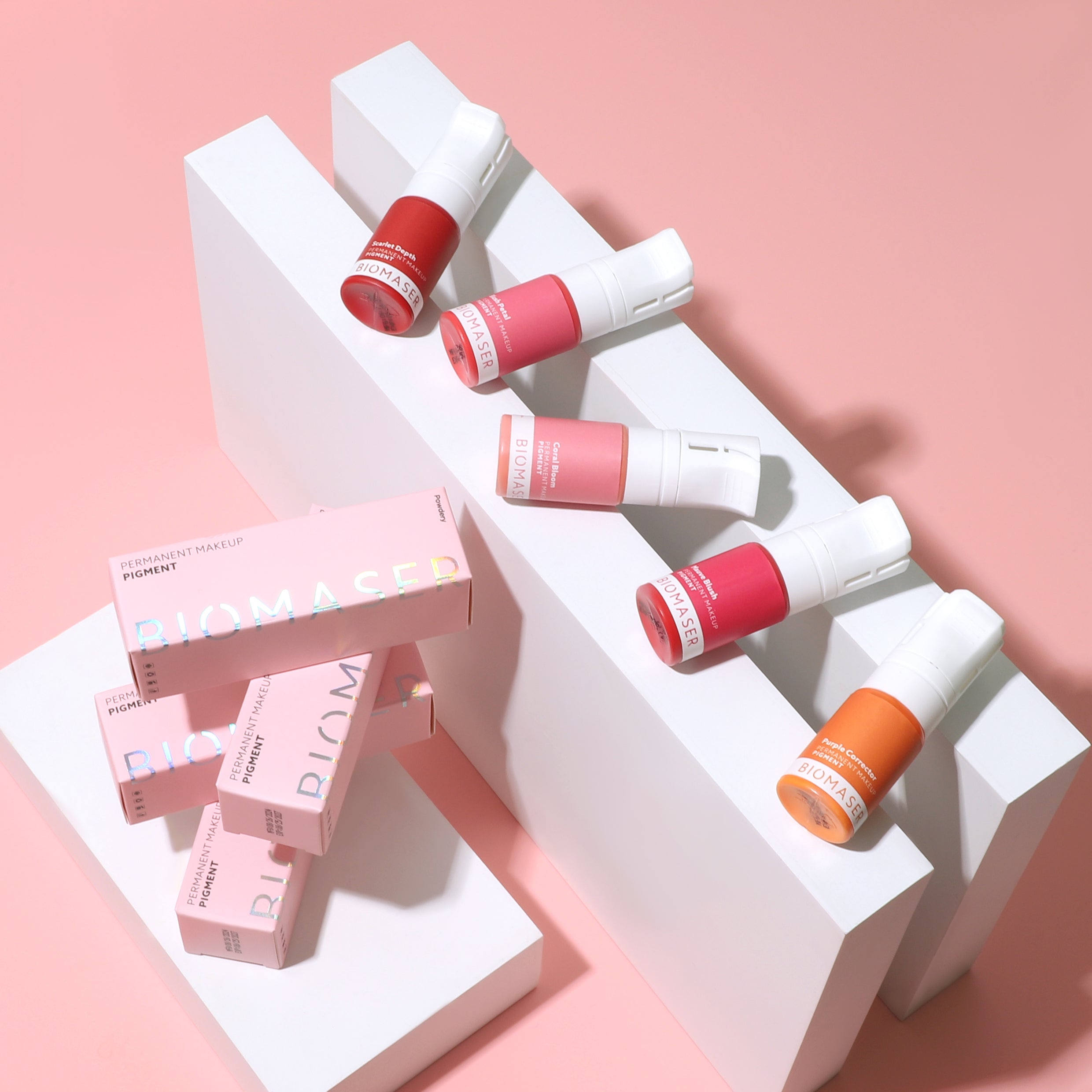 Biomaser Powder PMU lip pigment inks in various colors: Coral Bloom, Scarlet Depth, Blush Petal. Permanent makeup supplies.