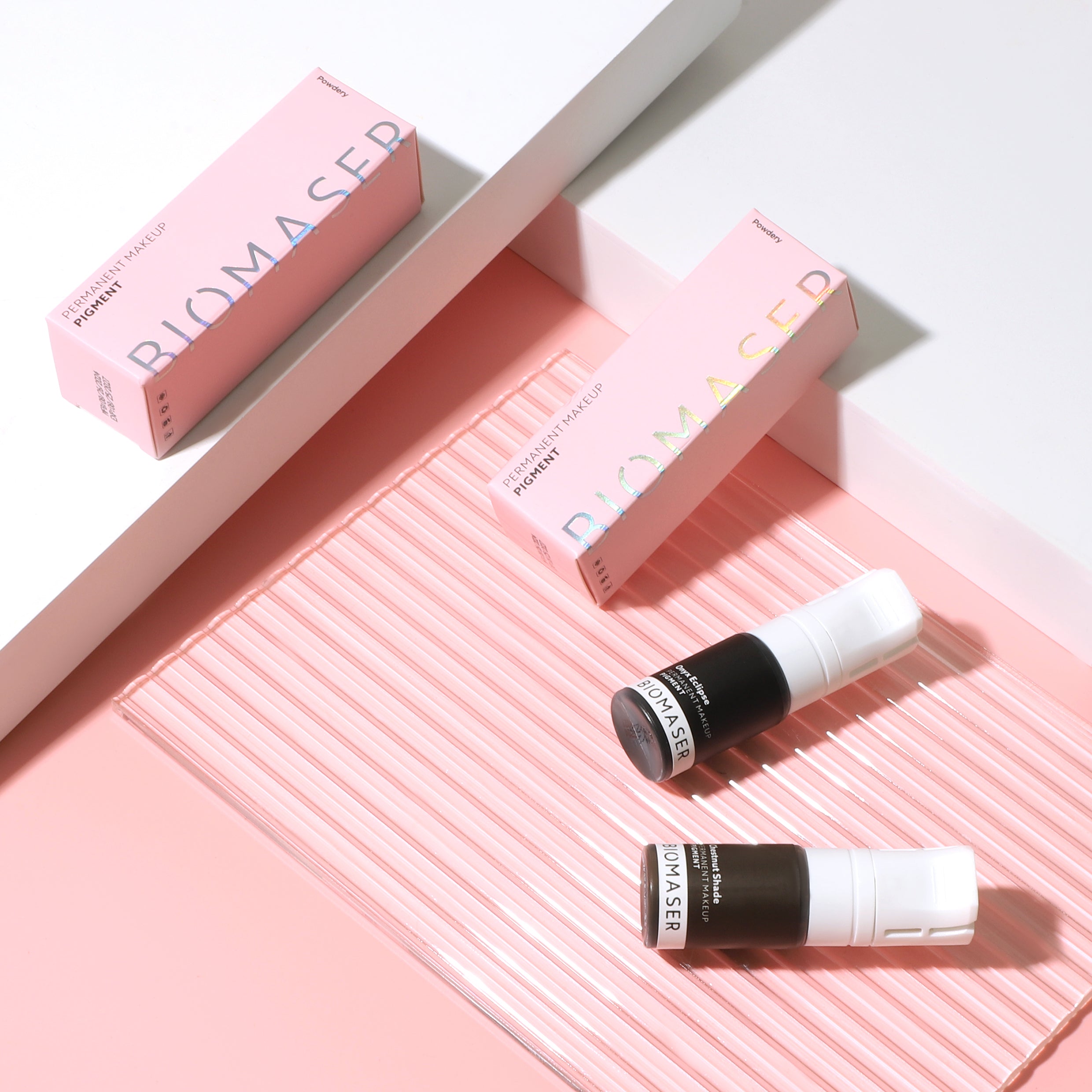 Biomaser PMU pigment ink for eyeliner and scalp permanent makeup, in Onyx Eclipse and Chestnut Shade colors, tattoo pigment.