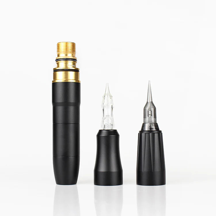 Black PMU pen with gold accents and cartridge needles, professional tattoo equipment for precise eyebrow work