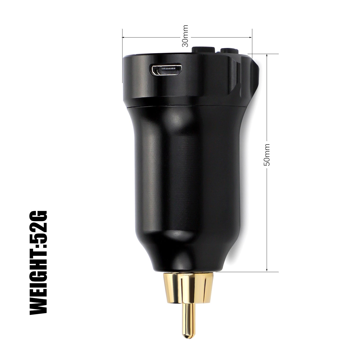 Black Digital Wireless Tattoo Power Supply DC004 with RCA connector and gold tip, 52g weight, tattoo equipment.