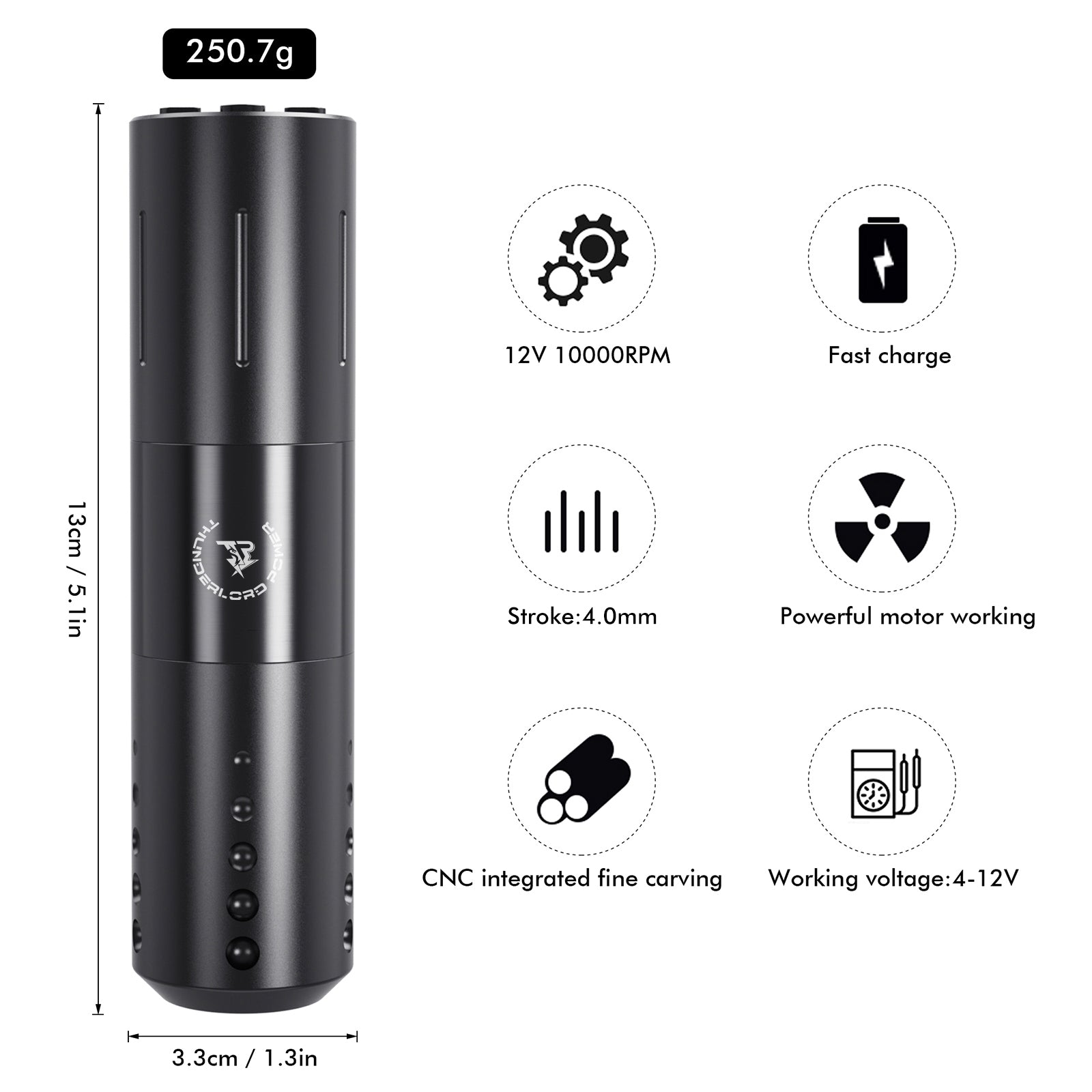 Thunderlord Power CTG5004 wireless tattoo pen, black, professional tattoo machine, 12V, 4.0mm stroke, fast charge