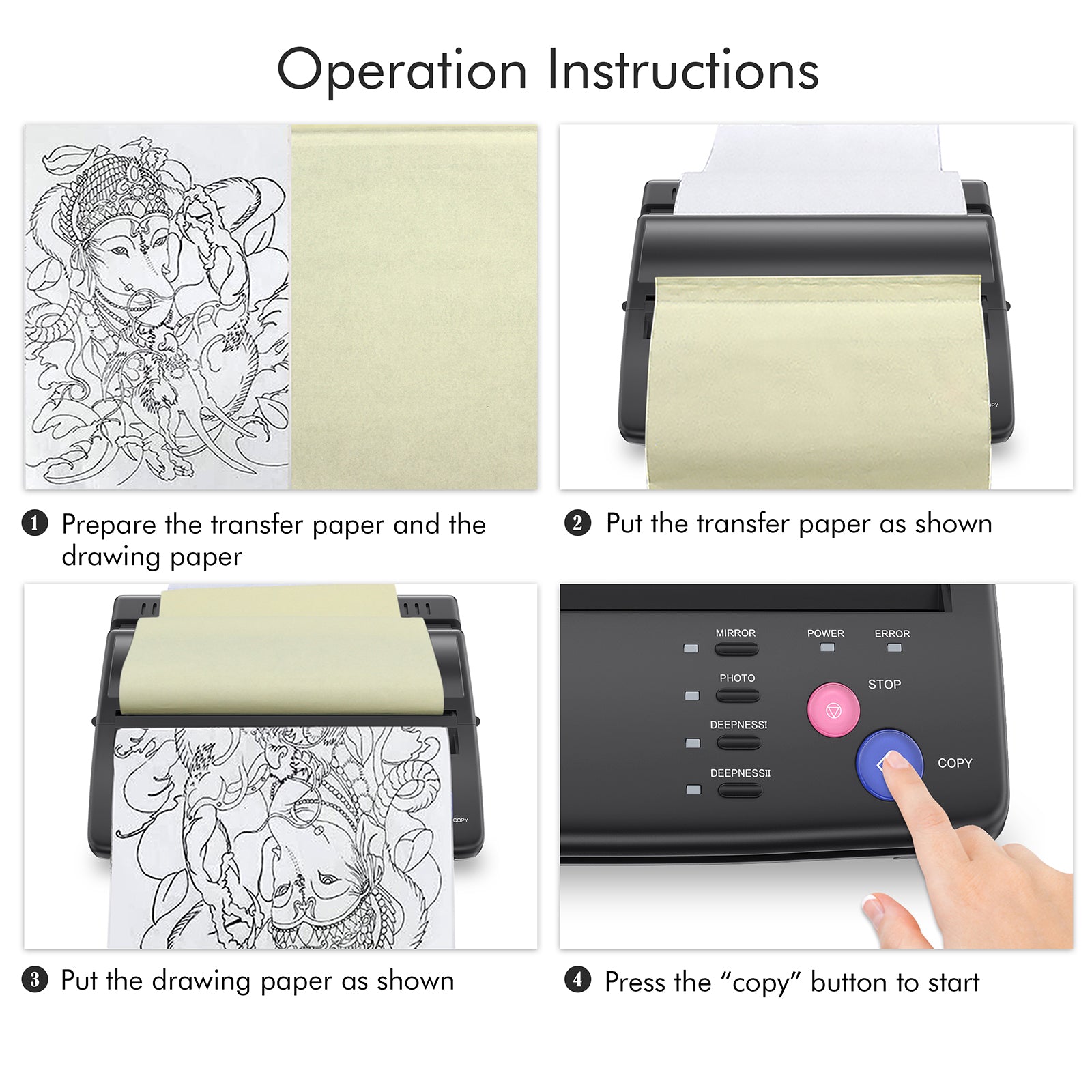 Thunderlord Tattoo Transfer Machine operation instructions: step-by-step guide with drawing paper and copy function.