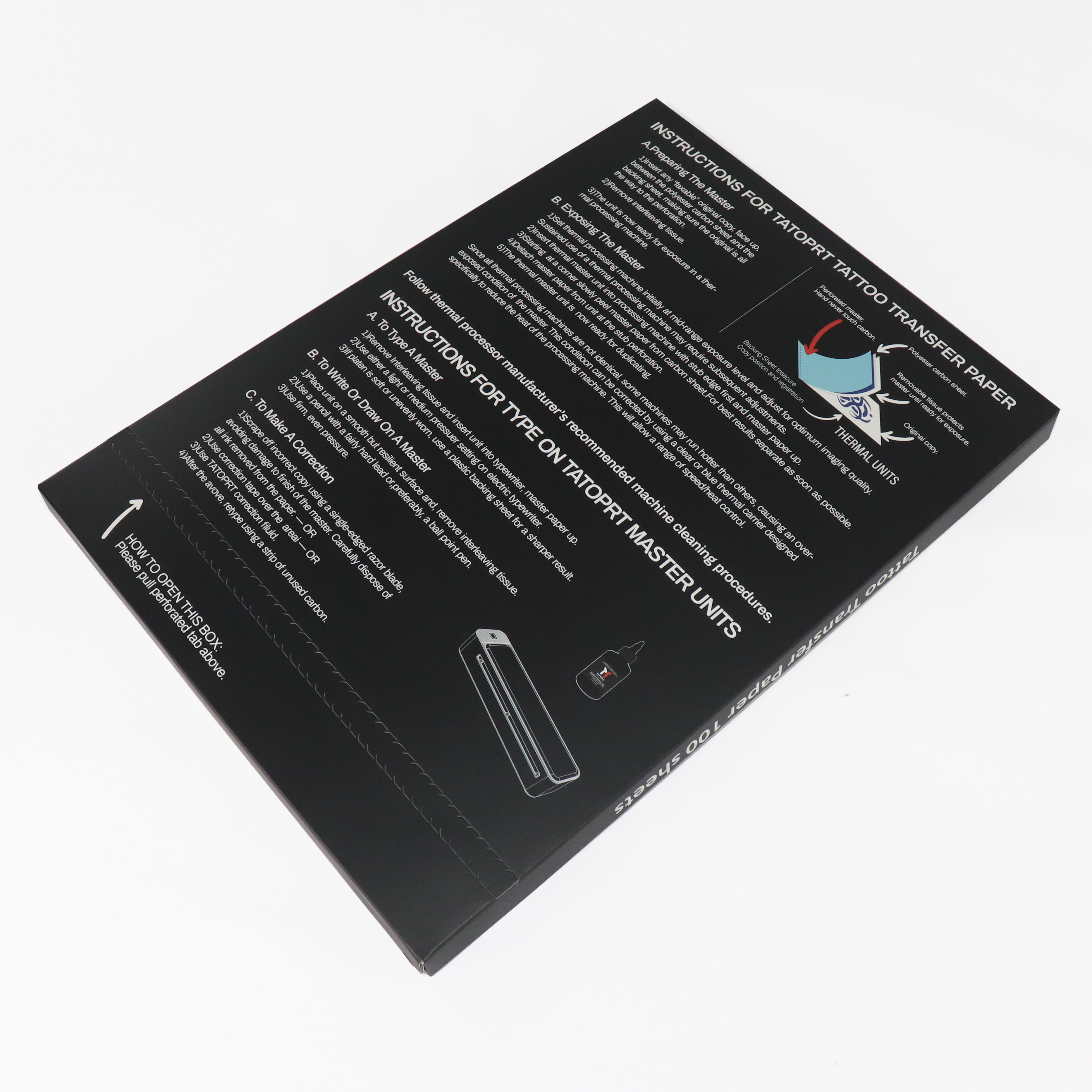 Thunderlord A3 tattoo transfer paper box with instructions, essential tattoo equipment and supplies for tattoo artists.