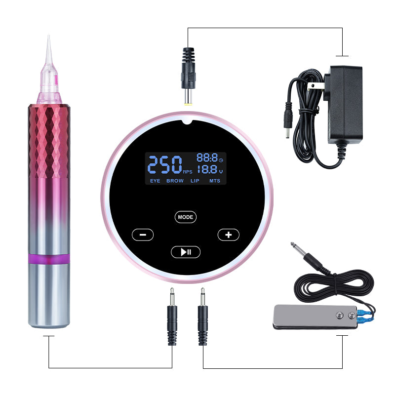 P30 PMU Machine Kit with pink digital power supply, handpiece. For eyebrow, lip, and eyeliner procedures.