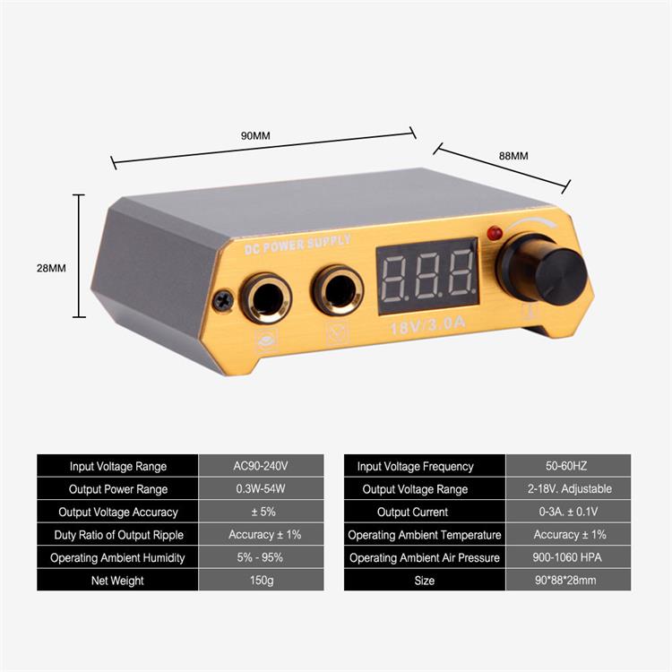 Thunderlord Power TPN027 tattoo power supply. Gold & gray design with digital display. Tattoo equipment.