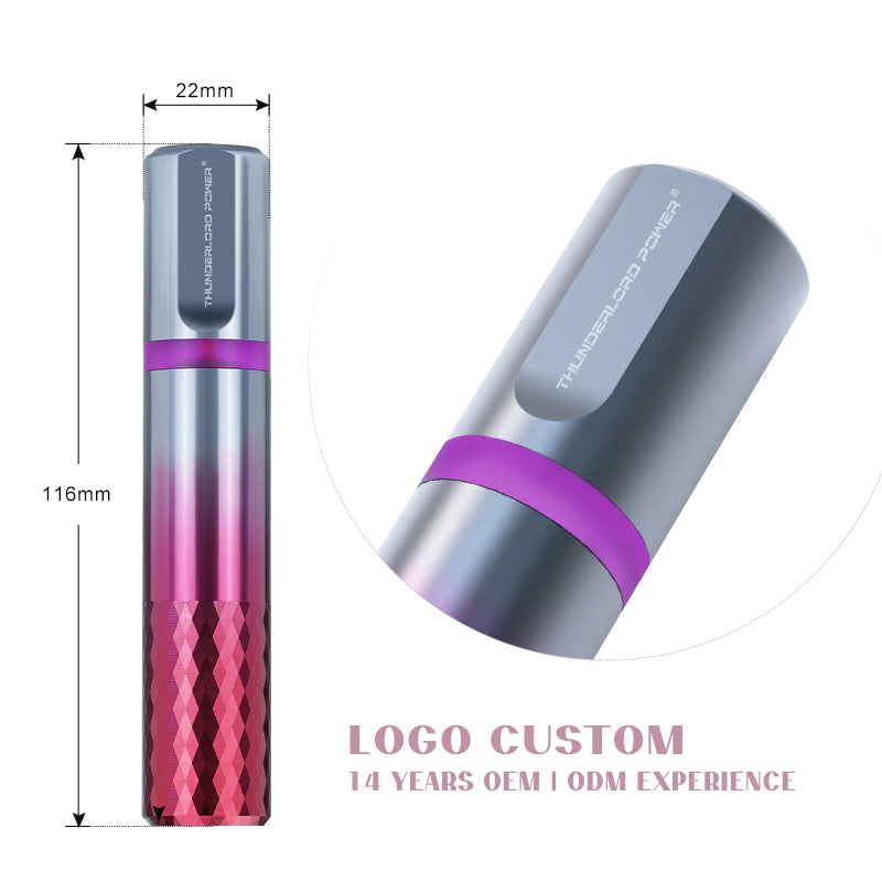Thunderlord Power PMU handpiece in silver and pink, professional tattoo equipment, custom logo available.
