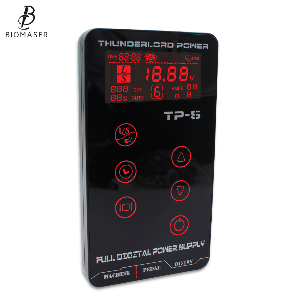 TP-5 digital tattoo machine power supply by Biomaser, with LCD screen and precise voltage control.