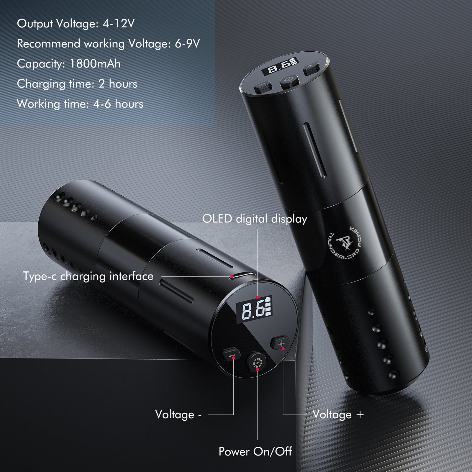 Black Thunderlord Power CTG5004 wireless tattoo pen, OLED display showing voltage, professional tattoo equipment