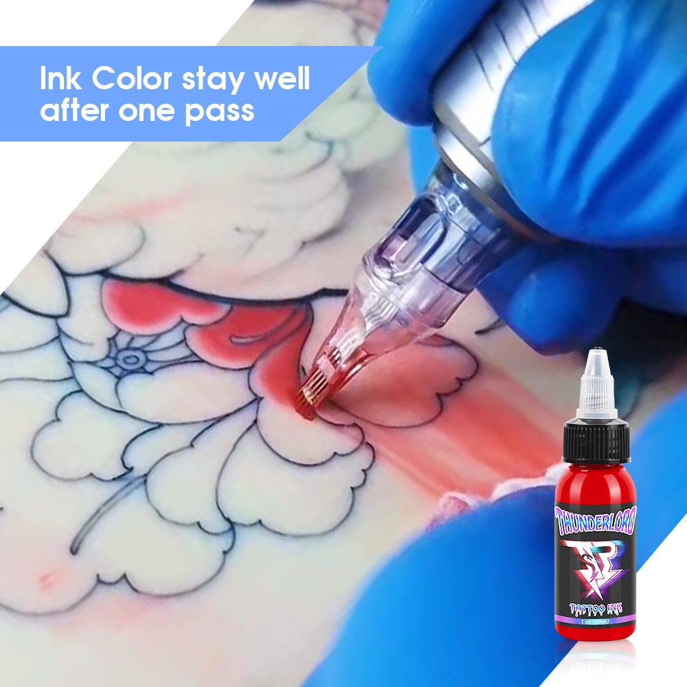 Thunderlordpower red tattoo ink being applied, tattoo machine, demonstrating color and long-lasting results